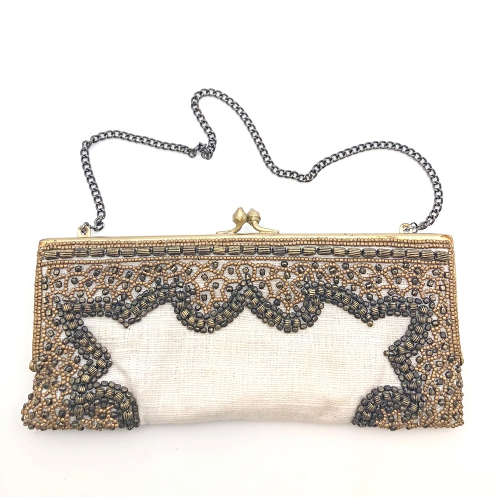 COPY - Moyna Convertible Beaded Clutch in Linen & Neutral Colored Beads, NWOT